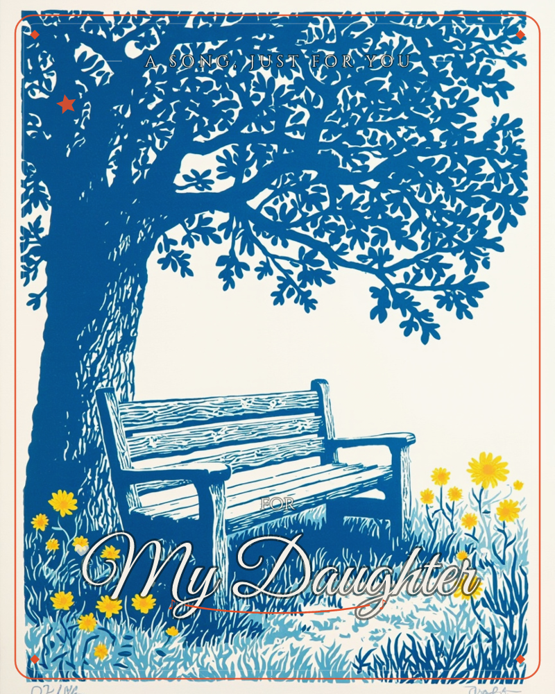 A wooden park bench sits empty beneath the spreading branches of a large tree, rendered entirely in shades of blue against a cream background, a any occasion e-card design