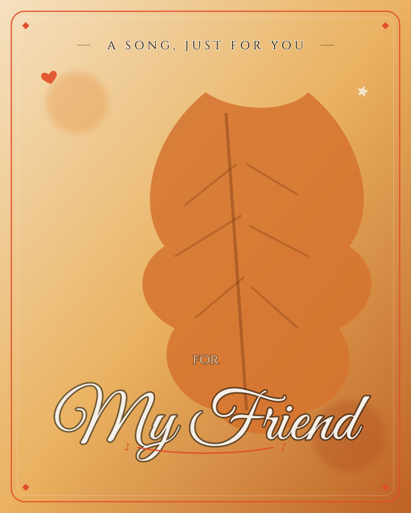 A single stylised leaf, rendered in flat burnt orange with a simple branching vein pattern, floats large against a hazy gradient of amber and gold, a any occasion e-card design by @DittyCityTeam
