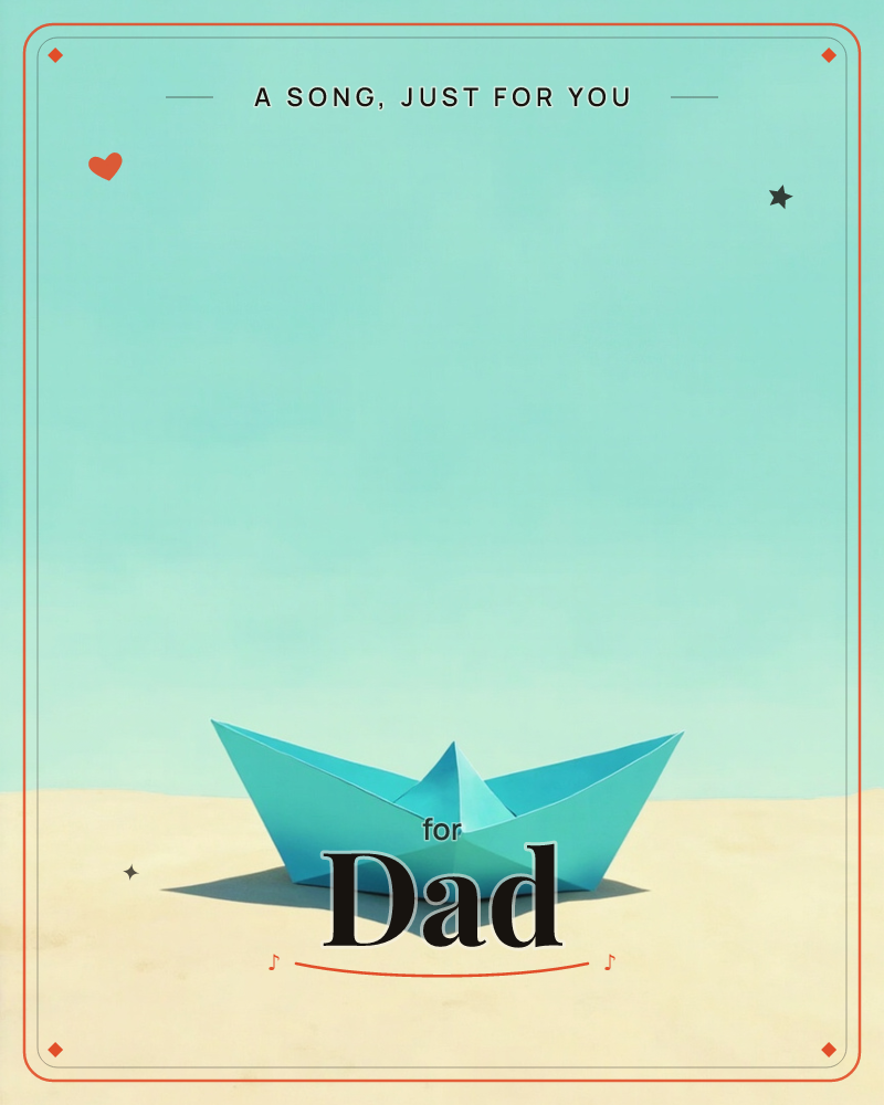 A single teal-blue paper boat sits folded and grounded on a stretch of pale sand, beneath a wide, softly graded turquoise sky, a any occasion e-card design