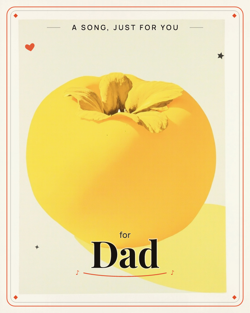 A single persimmon, rendered in bold gradients of amber and gold, fills nearly the whole frame against a pale sage background, a any occasion e-card design