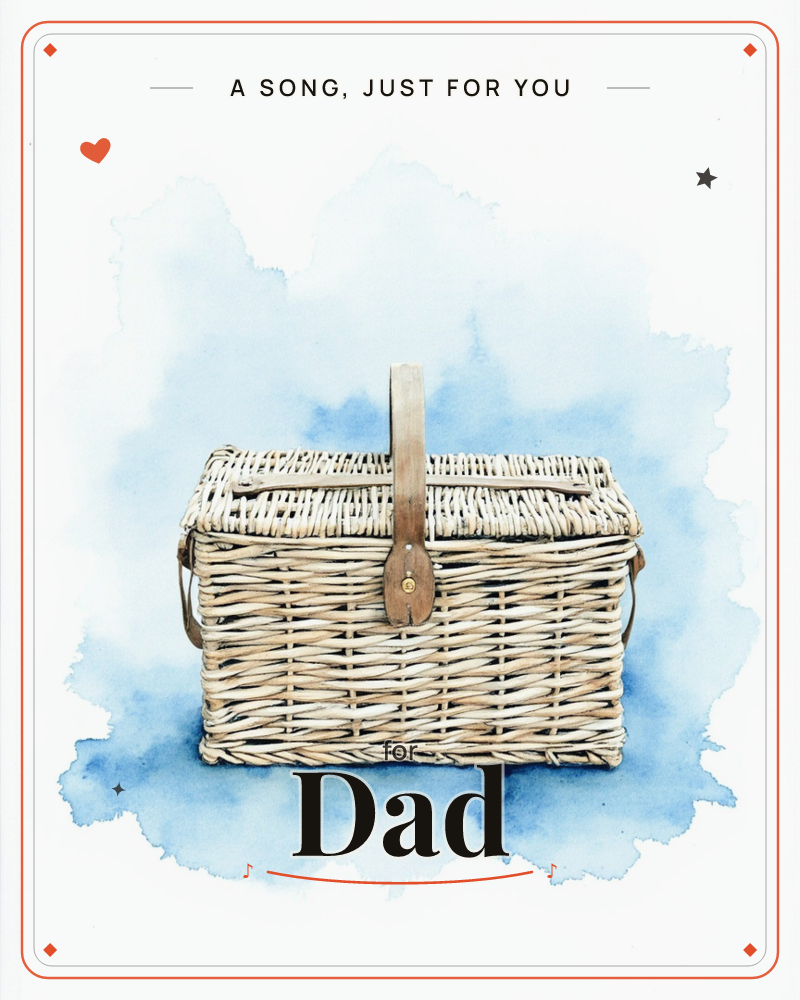 A woven wicker picnic basket with a curved handle and leather buckle strap sits centred on the page, painted in soft watercolour against a loose wash…, a any occasion e-card design