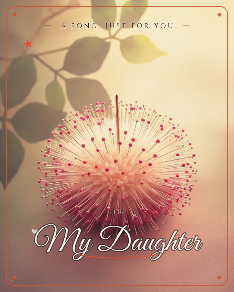 A round pin-cushion bristles with dozens of pearl-tipped pins, catching light like a strange, spiky bloom against a soft, hazy backdrop of overlapping…, a any occasion e-card design