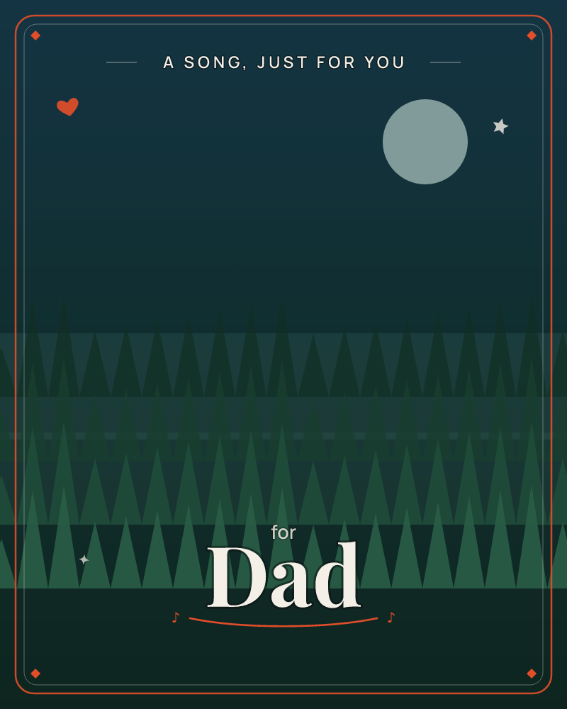 A pale full moon hangs in a deep teal night sky above rows of layered pine trees, their jagged silhouettes stacked in bands of green fading into darkness, a any occasion e-card design by @DittyCityTeam