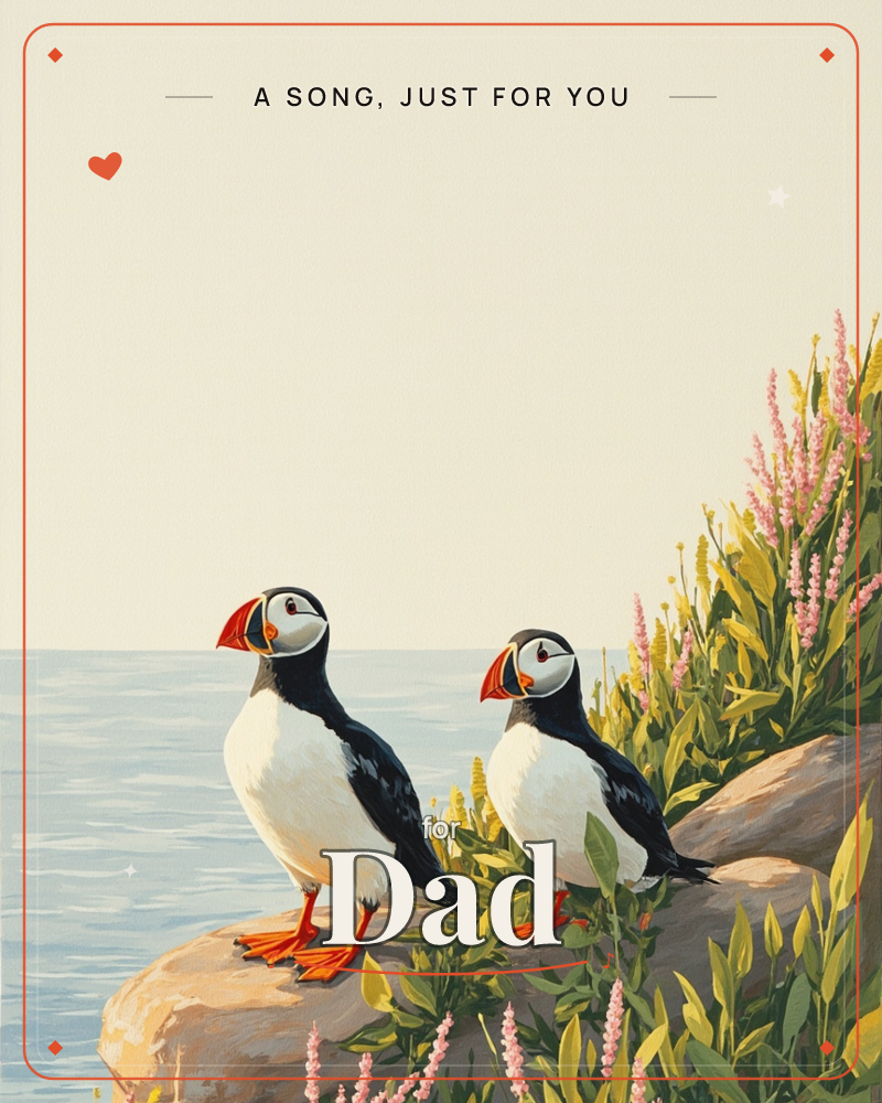Two puffins stand together on a rocky coastal ledge overlooking calm pale-blue water, their bright orange feet and beaks vivid against black and white…, a any occasion e-card design