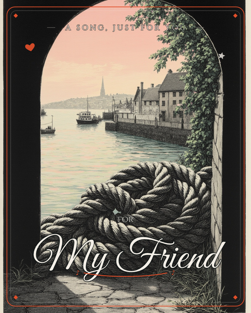 A dark stone archway frames a coiled ship's rope resting on cobblestones, with ivy trailing down one side, a any occasion e-card design