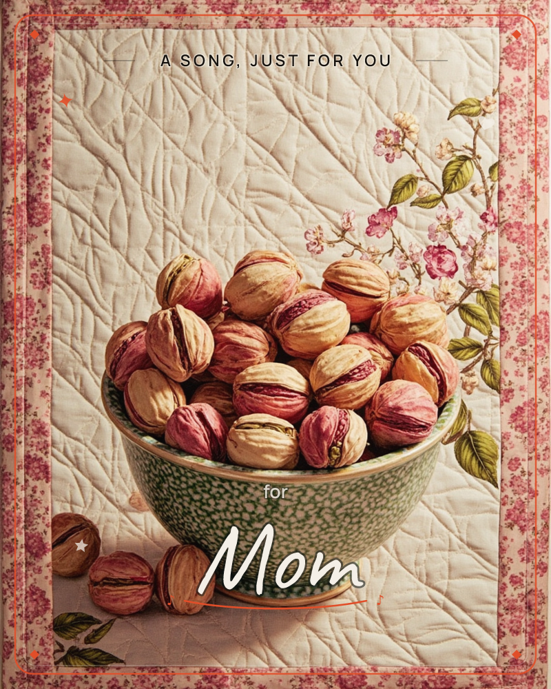 A speckled green ceramic bowl overflows with pink-tinted walnuts, set against a quilted cream backdrop bordered in a rose floral print, a any occasion e-card design