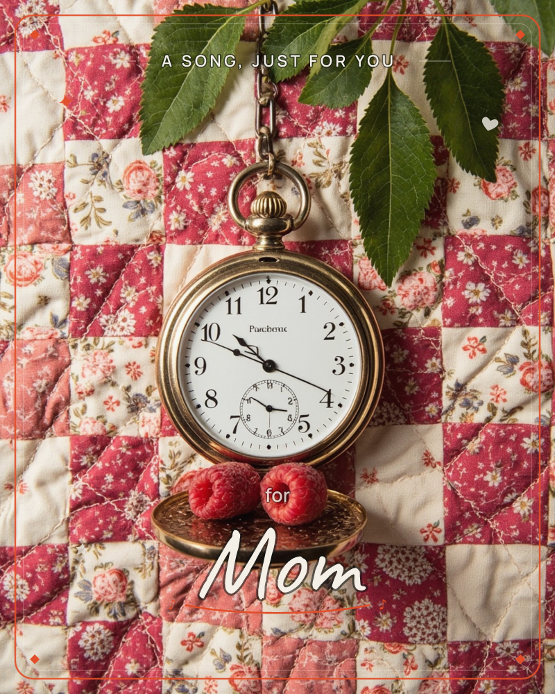 A brass pocket watch hangs open on its chain against a patchwork quilt of pink floral squares, with fresh green leaves draped from above and three ripe…, a any occasion e-card design