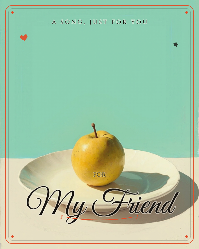 A single yellow apple with its stem still attached sits centred on a plain white plate, cast in bright, direct light against a flat mint-green background, a any occasion e-card design