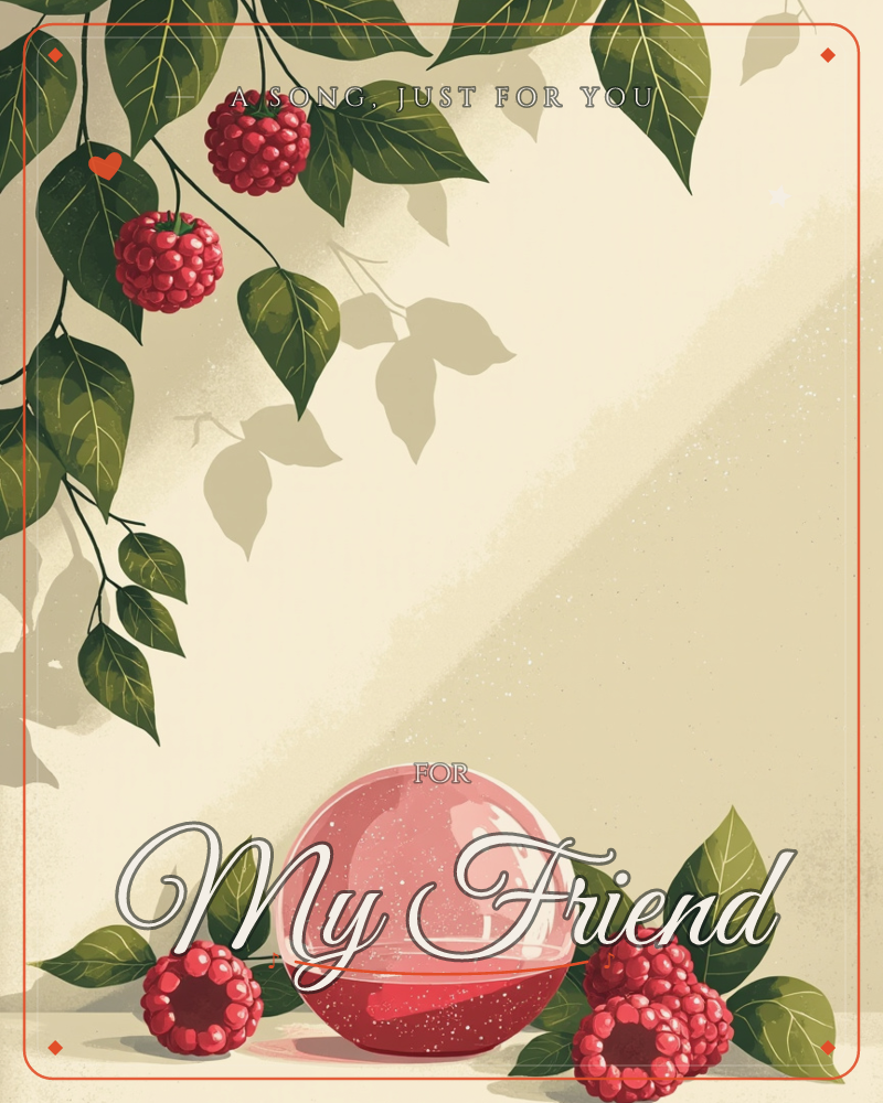 A cluster of ripe raspberries hangs from leafy branches across a cream, sunlit wall, with a glossy pink glass orb resting on the ledge below, glowing…, a any occasion e-card design