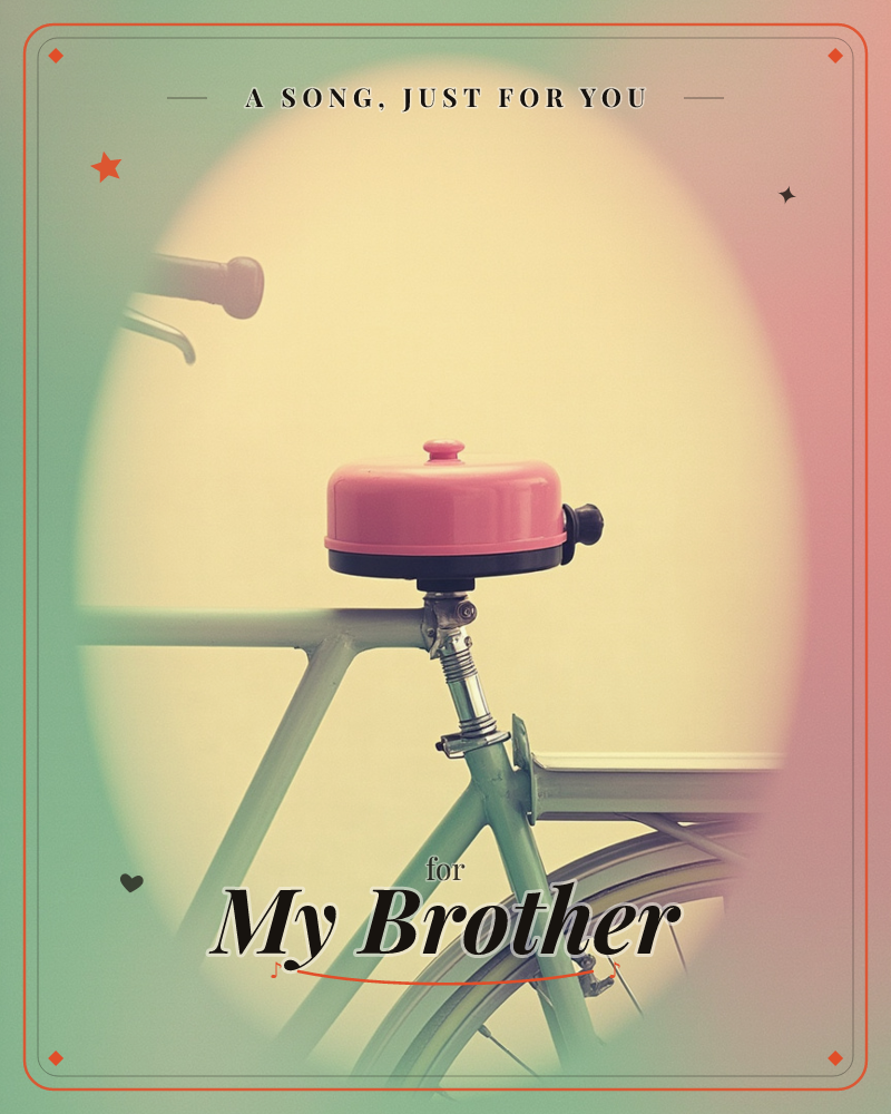 A close-up photograph of a vintage bicycle bell mounted on the handlebar stem of a pale green bike, its glossy pink dome catching soft light, a any occasion e-card design