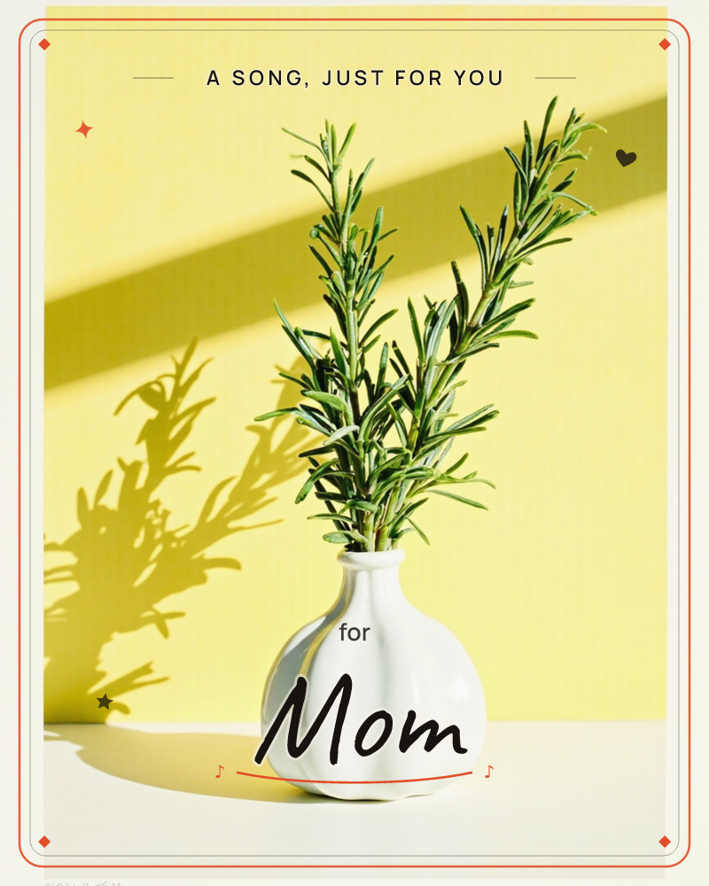 A small white ribbed vase holds a few upright sprigs of rosemary against a sunny yellow wall, with a sharp diagonal beam of light casting a long…, a any occasion e-card design