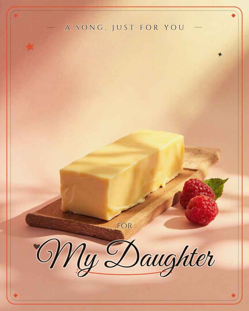 A block of pale golden cheese or terrine sits on a wooden board, its glossy sliced edge catching warm sunlight against a soft pink backdrop, a any occasion e-card design