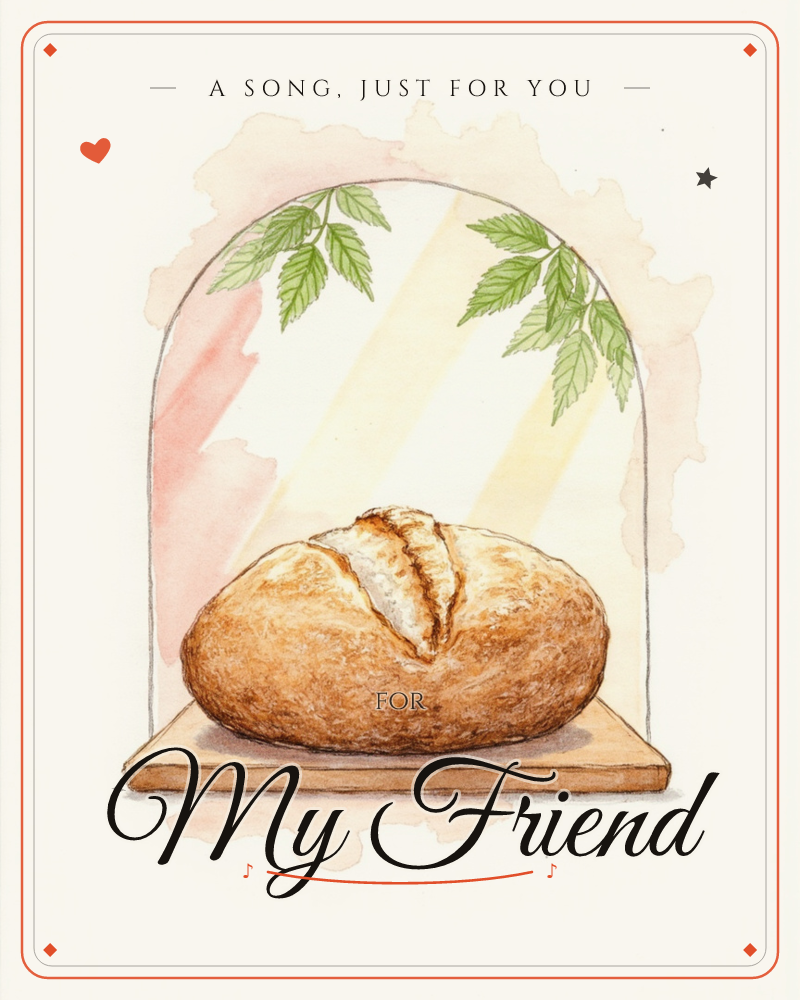 A crusty scored loaf of bread sits on a wooden board inside an arched glass cloche, with sprigs of green leaves and soft diagonal rays of yellow light…, a any occasion e-card design