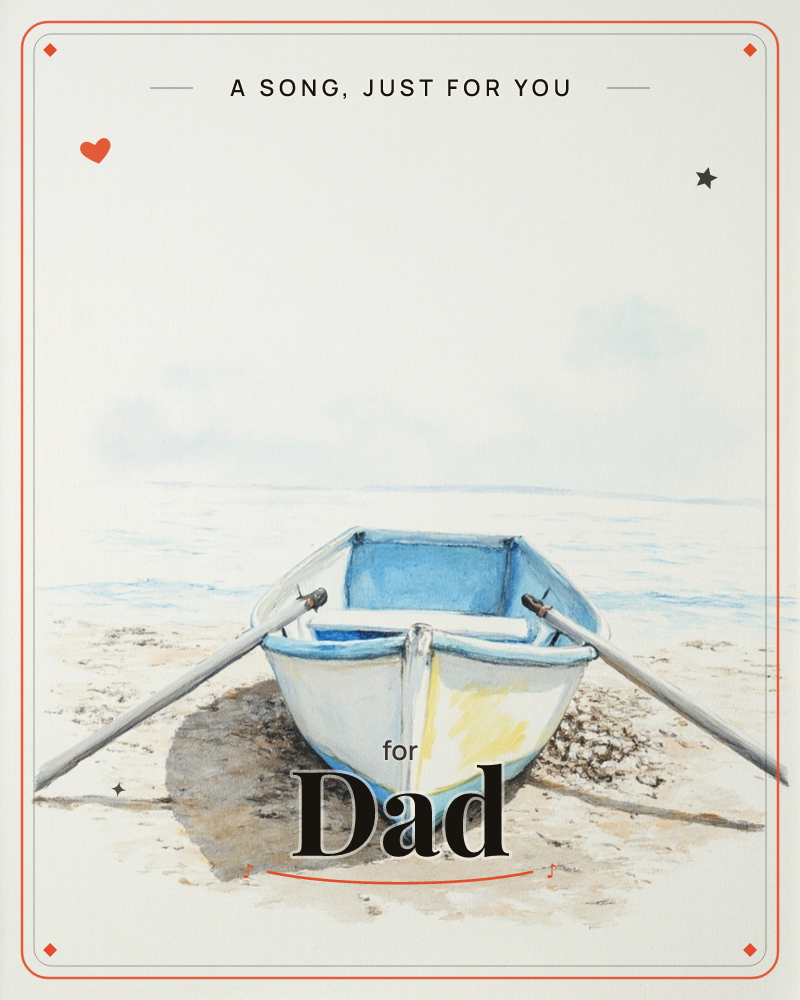 A small white and blue rowing boat sits beached on pale sand, its oars crossed and resting against the hull, a any occasion e-card design