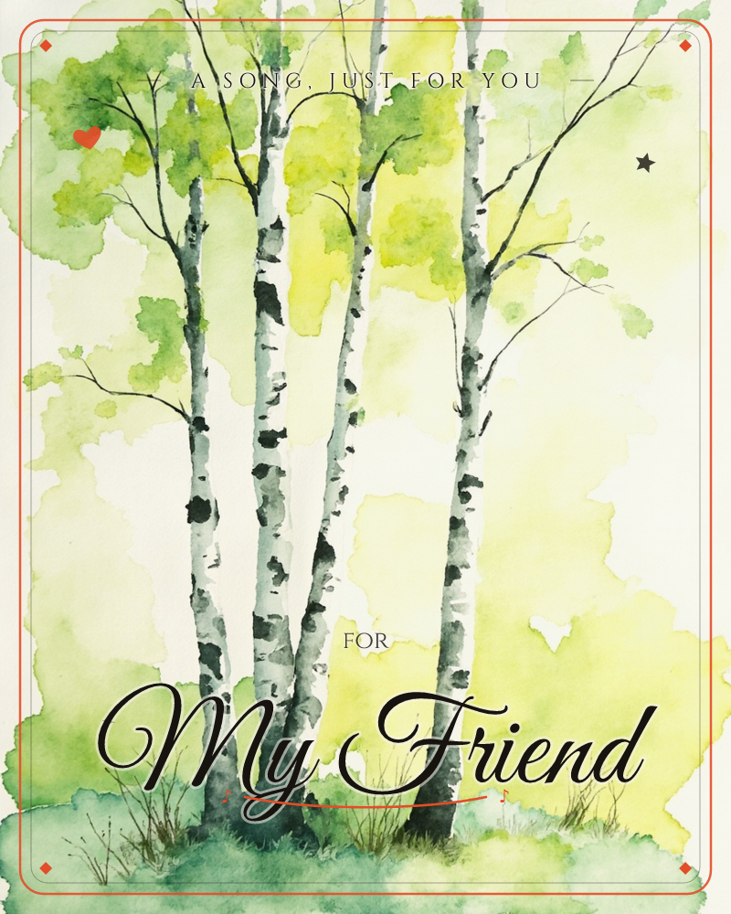 A watercolour painting of four slender birch trees with black-marked white bark, standing together against a wash of golden-green foliage, a any occasion e-card design