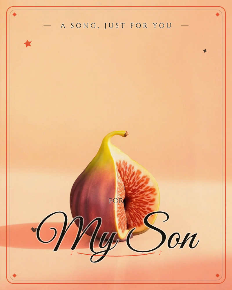A single fig stands sliced open on a warm peach-toned surface, its purple-green skin curling back to reveal a starburst of deep pink flesh, a any occasion e-card design