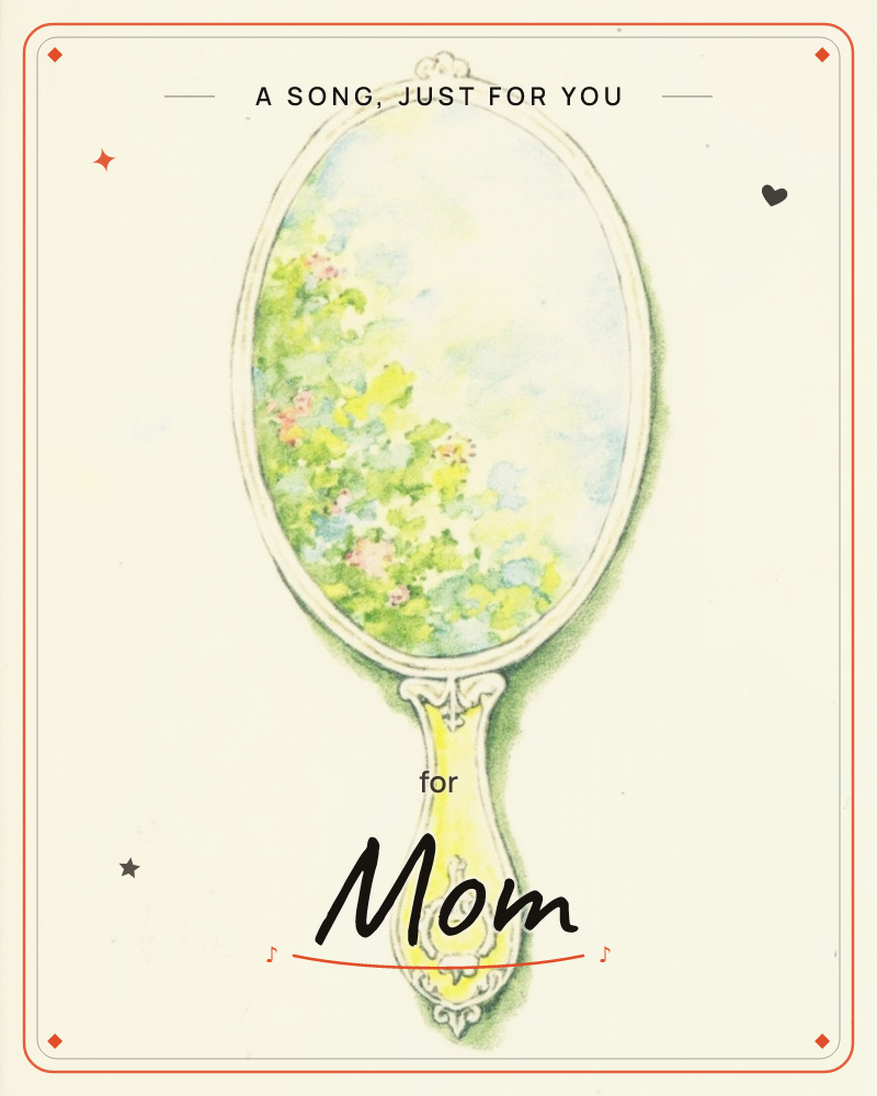An antique oval hand mirror with an ornate carved handle floats on a cream background, its glass reflecting not a face but a soft garden of green…, a any occasion e-card design