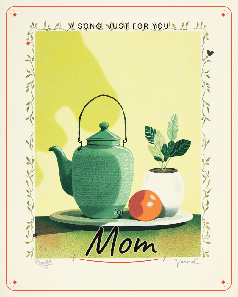 A green ceramic teapot with a curved black handle sits on a round tray beside a small potted plant and a single orange, all set against a bold yellow…, a any occasion e-card design