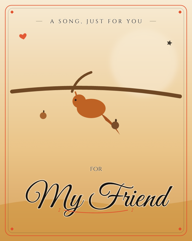 A minimalist desert scene glows in warm amber light, with a hazy sun rising low behind a bare curved branch, a any occasion e-card design by @DittyCityTeam