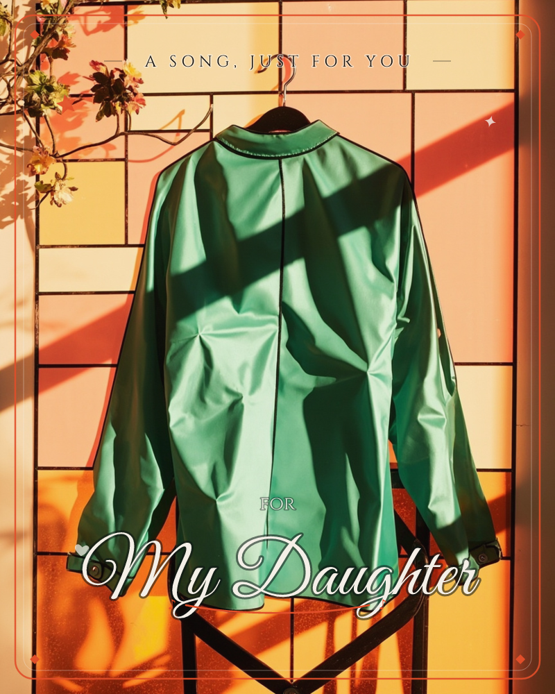 A mint-green raincoat hangs from a wooden hanger against a warm tiled wall, its glossy fabric catching a sharp diagonal beam of golden light and shadow, a any occasion e-card design