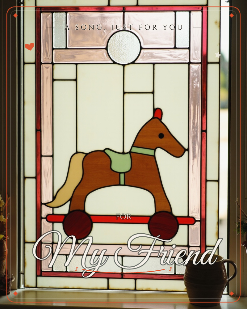 A stained-glass panel set in a window shows a wooden toy horse on wheels, framed by soft pink and cream geometric panes with a red border, a any occasion e-card design