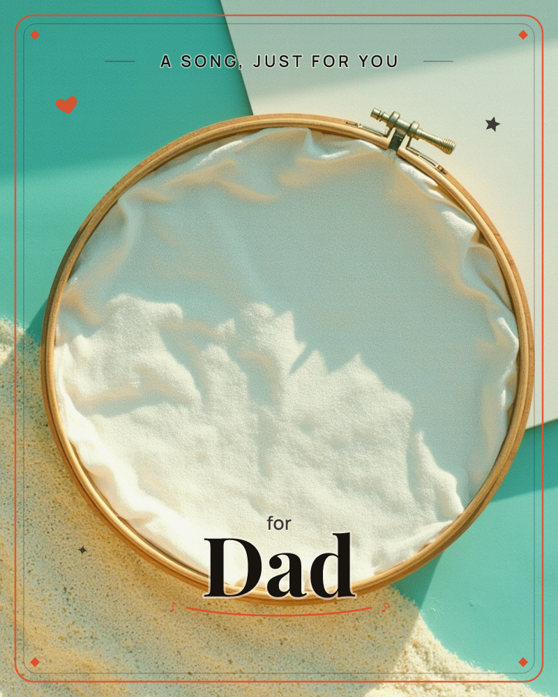 A round wooden embroidery hoop holds a taut piece of blank cream fabric, its folds catching soft crisp light against a teal backdrop, a any occasion e-card design