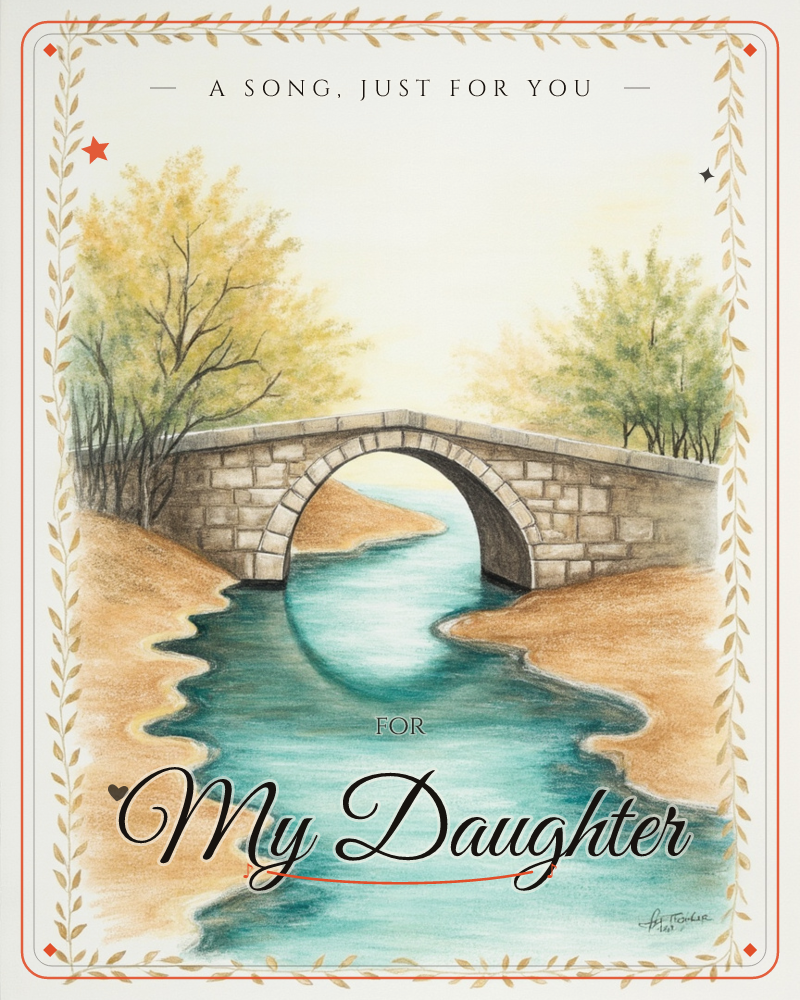 A stone footbridge arches over a teal-blue stream that winds through sandy banks, with golden and green autumn trees framing either side, a any occasion e-card design