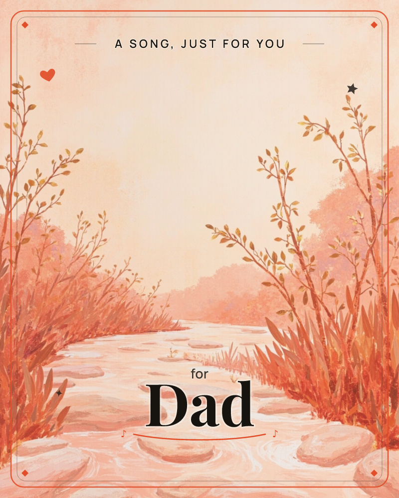 A quiet stream winds through tall grasses and slender branches under a warm, glowing sky, with smooth stones dotting the shallow water, a any occasion e-card design
