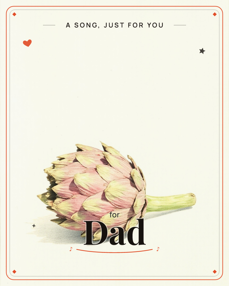 A single artichoke lies on its side against a plain cream background, its layered leaves shaded in soft pink and pale green with a curving stem…, a any occasion e-card design