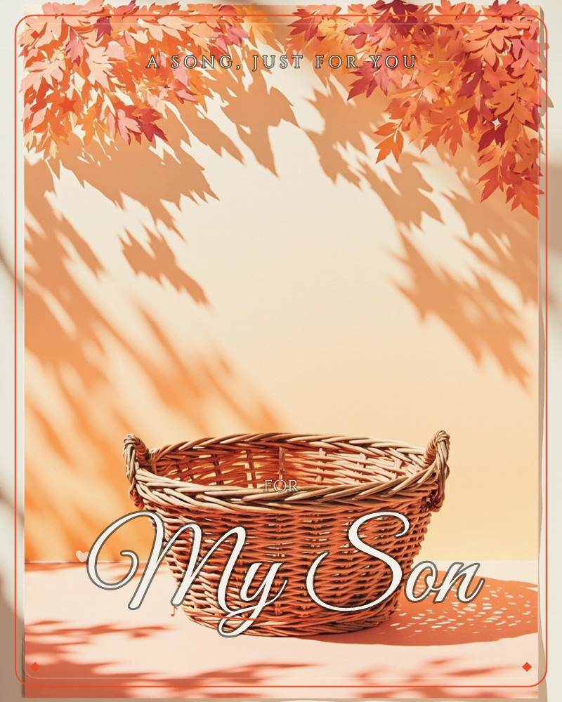 A woven wicker basket sits empty on a warm peach-toned surface, autumn maple leaves drooping across the top of the frame and casting sharp lace-like…, a any occasion e-card design