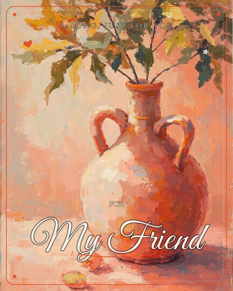 A round-bellied terracotta jug with two curved handles sits against a warm peach wall, holding a spray of autumn leaves in gold, olive and rust, a any occasion e-card design