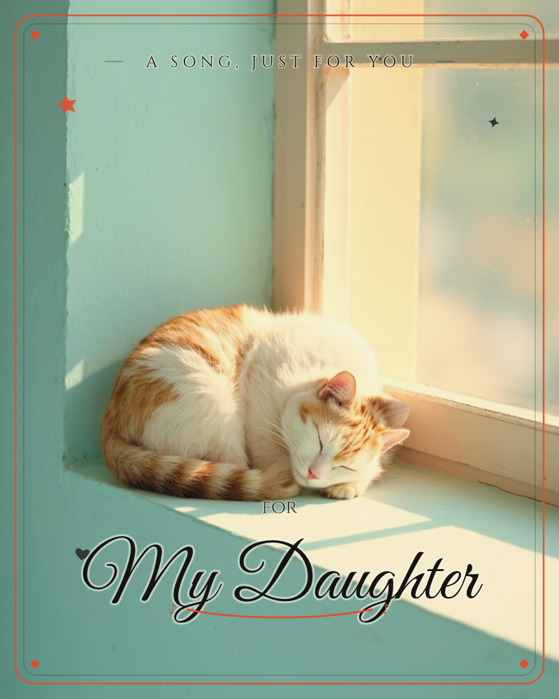 An orange and white cat is curled into a tight loop, fast asleep on a sunlit windowsill against a soft mint-green wall, a any occasion e-card design