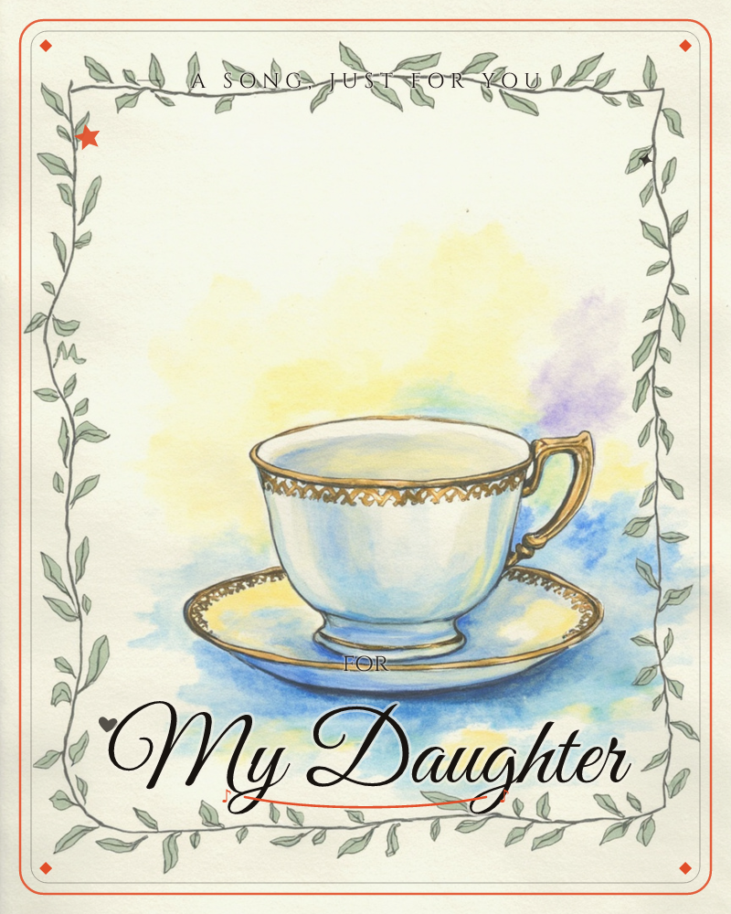 A delicate gold-rimmed teacup and saucer sit centred on the page, painted in soft washes of yellow and blue that bloom outward like steam or sunlight, a any occasion e-card design