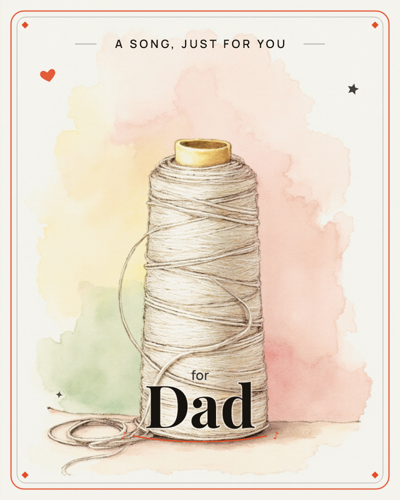 A tall spool of cream-coloured thread stands on a plain surface, its loose end curling loosely at the base, rendered in fine pencil detail, a any occasion e-card design