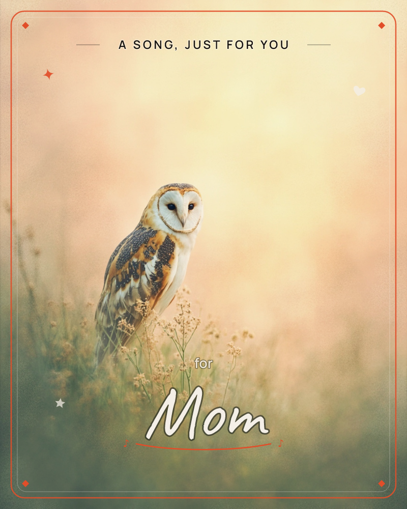 A barn owl perches low among dry grasses and wildflower stems, its heart-shaped face turned to meet the viewer's gaze, a any occasion e-card design