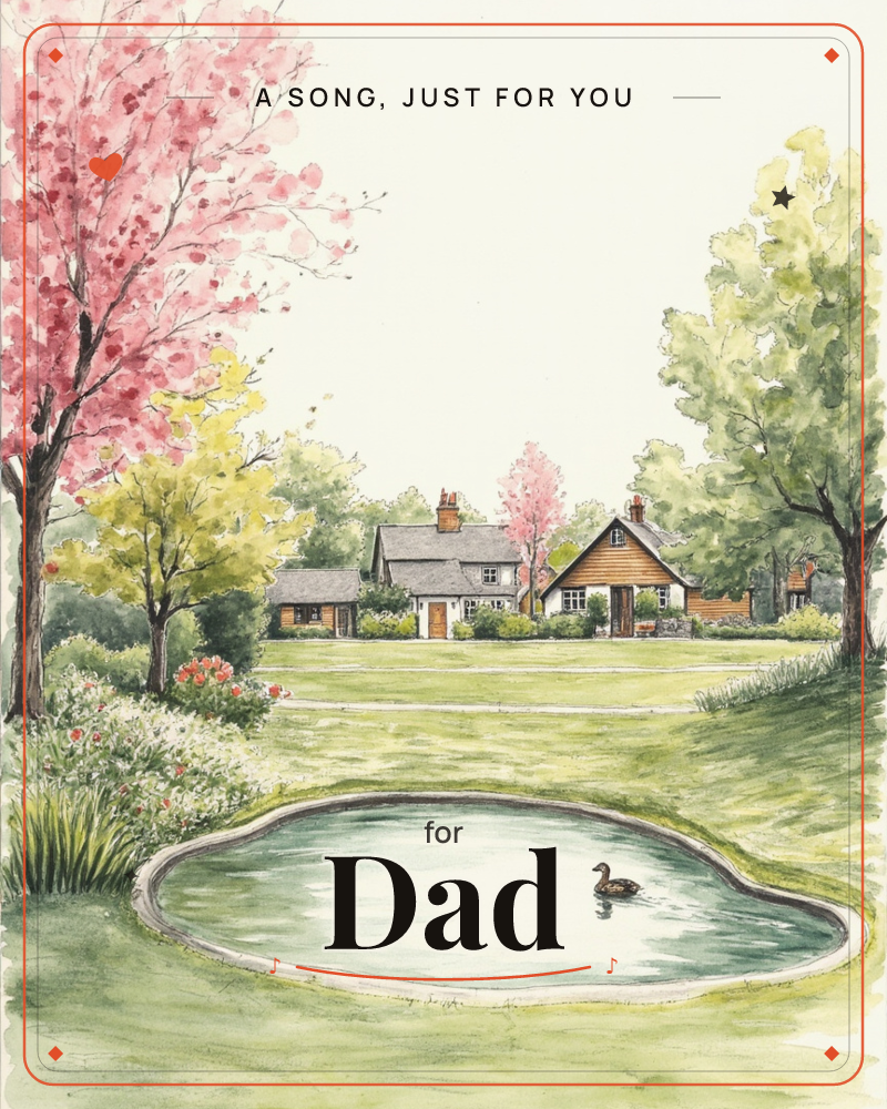 A watercolour village green in spring, with two cottages nestled among trees in pink and yellow blossom, a any occasion e-card design