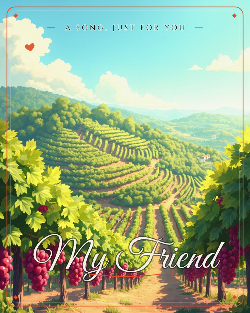 A sunlit vineyard tumbles down terraced hillsides, rows of vines heavy with dark purple grapes framing a dirt path that winds toward distant green hills, a any occasion e-card design