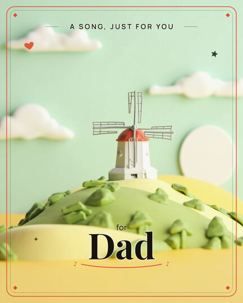 A small white windmill with a red cap and thin wire sails sits atop a rolling clay-green hill dotted with sculpted trees, a any occasion e-card design