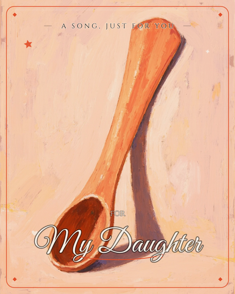 A single wooden spoon leans diagonally against a soft blush-pink wall, its long shadow stretching across the corner where wall meets surface, a any occasion e-card design