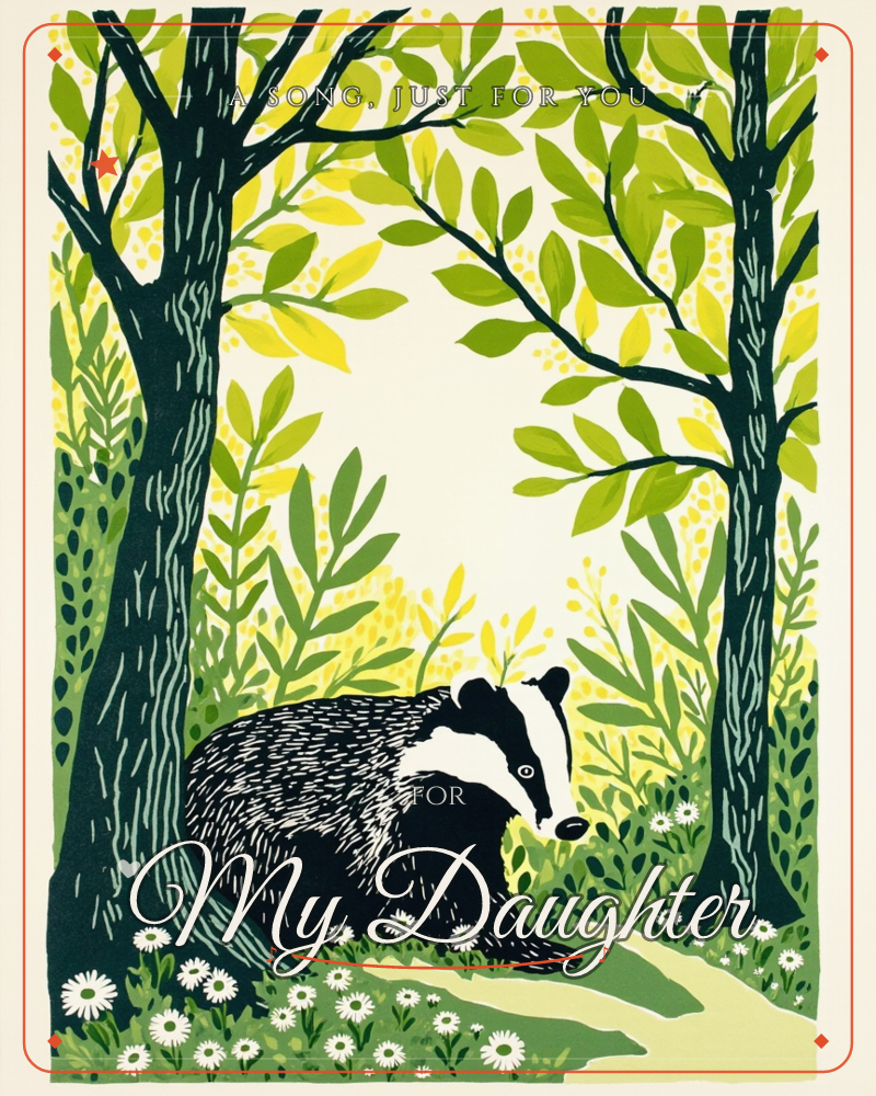 A badger pauses low to the ground between two dark tree trunks, its black-and-white striped face turned toward the viewer, a any occasion e-card design