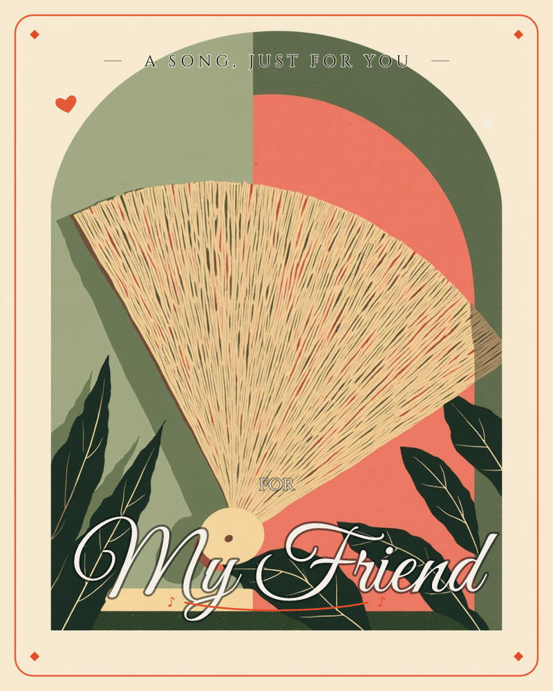 A hand-held fan opens wide across an arched frame split into sage green and coral halves, its straw-textured pleats fanned out like sunrays, a any occasion e-card design