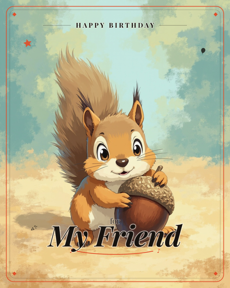 A wide-eyed cartoon squirrel with an oversized fluffy tail hugs an acorn nearly as big as itself, tufted ears perked and paws wrapped tightly around…, a birthday e-card design