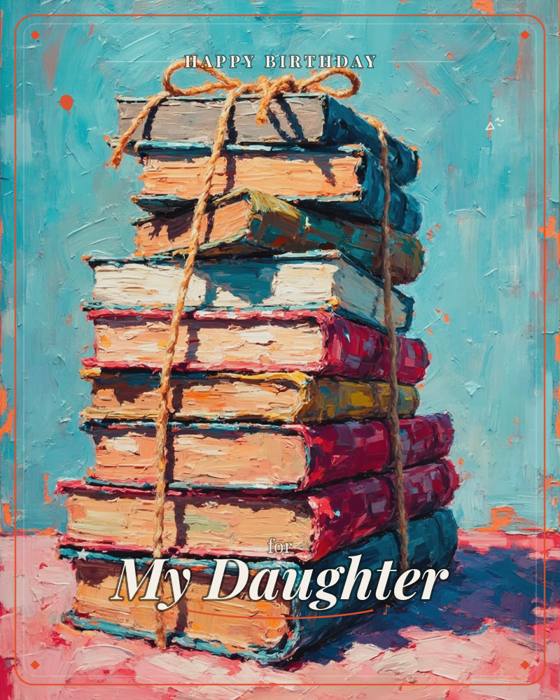 A tall stack of old, well-worn books in reds, teals, and mustard is bundled together with a length of twine tied in a bow on top, painted in loose…, a birthday e-card design