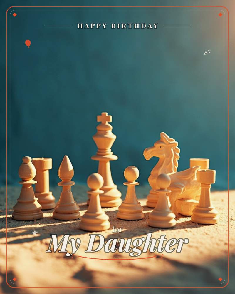 A cluster of cream-coloured chess pieces stands on a sandy, sunlit surface, arranged like a small army with pawns, bishops, a knight, and the king…, a birthday e-card design