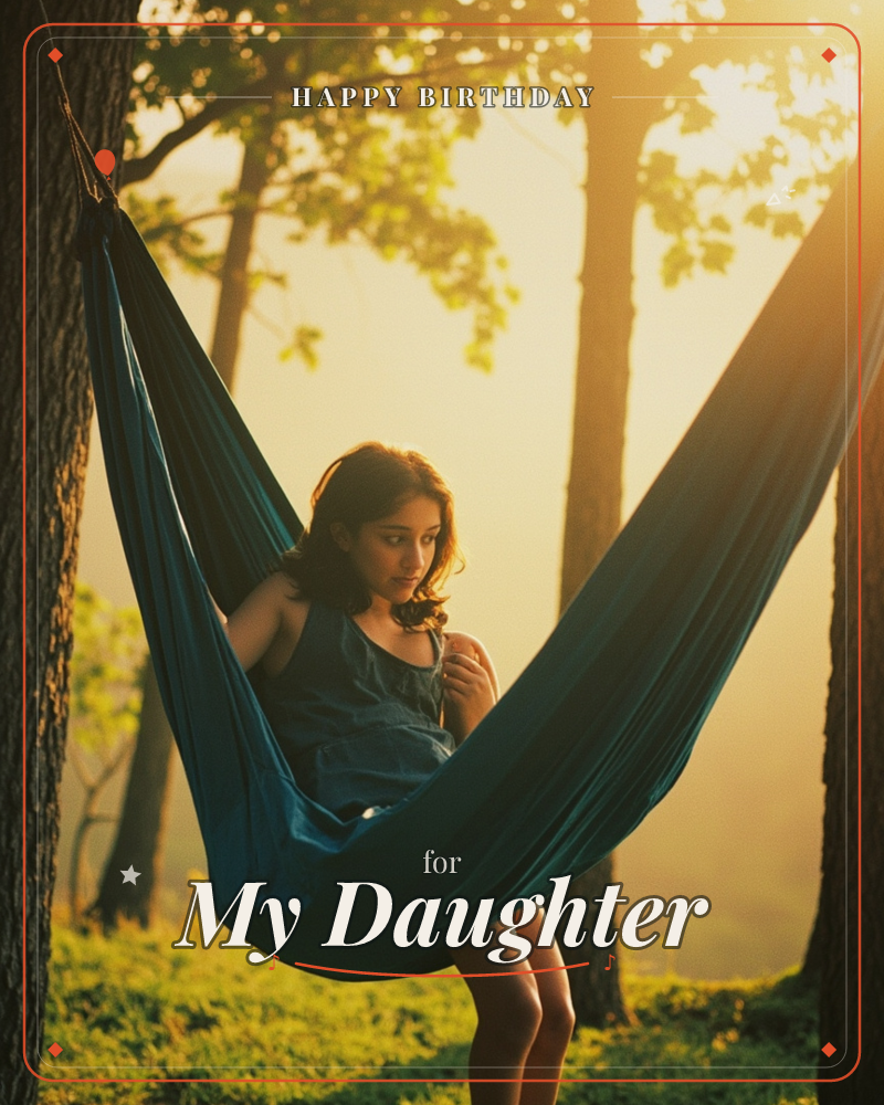 A young woman rests in a deep teal hammock strung between trees, backlit by golden late-afternoon sun filtering through leaves, a birthday e-card design