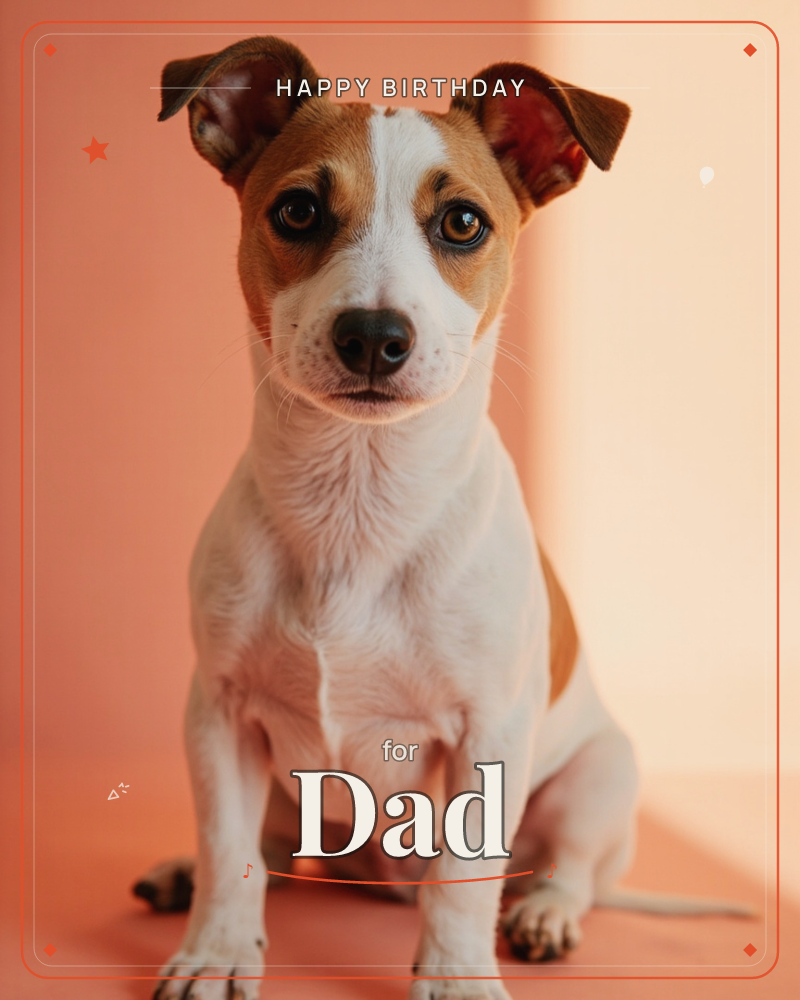 A small terrier with tan-and-white markings sits facing the camera, ears perked, in a warm shaft of light against a softly blurred pink and cream…, a birthday e-card design