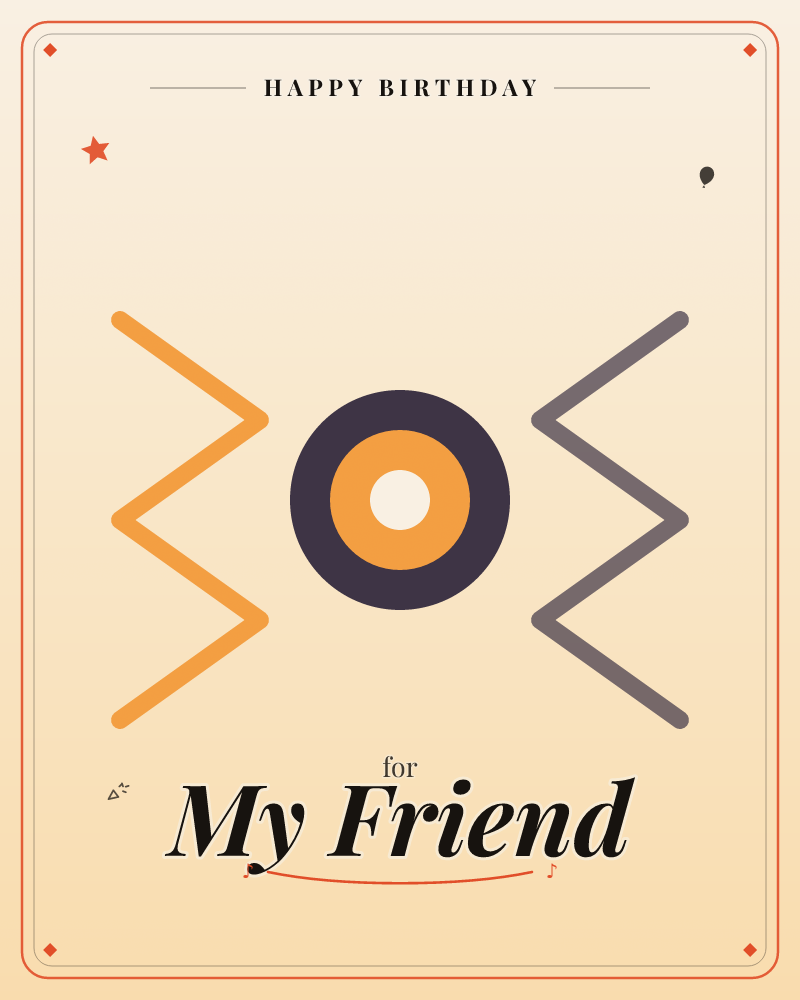 A minimalist graphic centers on a bold concentric circle in deep charcoal, burnt orange, and cream, flanked by two zigzag lines pointing inward like…, a birthday e-card design by @DittyCityTeam