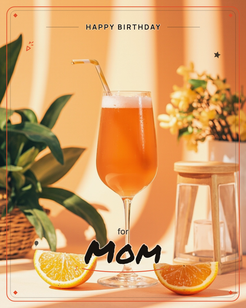 A tall glass of orange spritz sits foamy and glowing under warm sunlight, a glass straw resting in its rim, a birthday e-card design