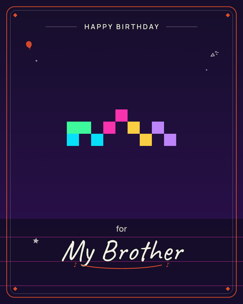 A deep purple night sky holds a scattering of tiny stars above a pixel-art skyline made of neon squares in green, pink, magenta, orange and lilac…, a birthday e-card design by @DittyCityTeam