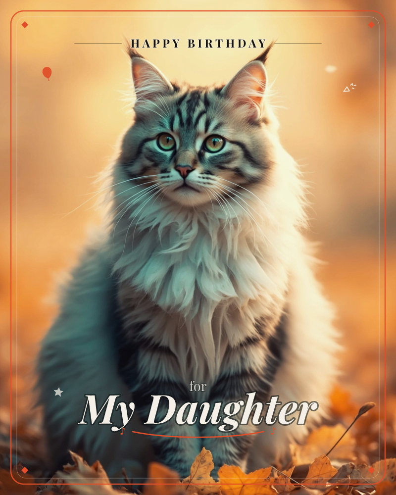 A long-haired grey tabby cat sits upright among a scatter of dry autumn leaves, its thick fur catching warm golden backlight, a birthday e-card design